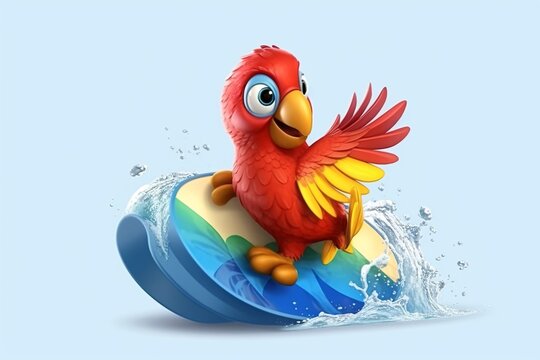 Cartoon parrot surfing on surfboard. Cartoon parrot with surfboard. Cartoon character . 3D Illustration
