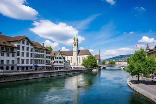 Scenic Zurich with churches, river, and lake on a sunny Swiss summer day. Generative AI