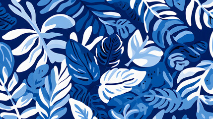 a tropical blue pattern with white leaves