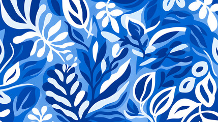 a tropical blue pattern with white leaves