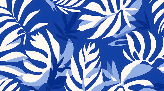 a tropical blue pattern with white leaves