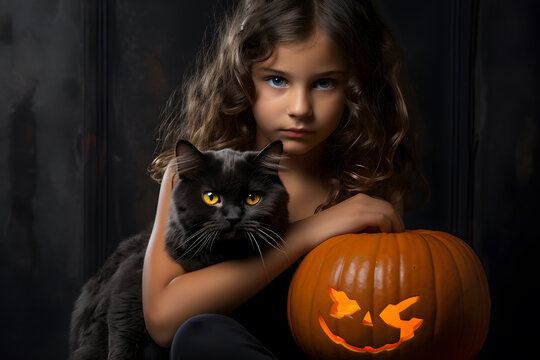 Enchanting Halloween Night: Adorable Little Girl, Black Cat, and Pumpkin
