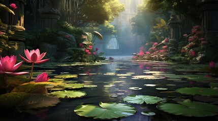 an image of a tranquil lotus pond in a lush tropical garden with vibrant pink blooms floating on still water  - Powered by Adobe