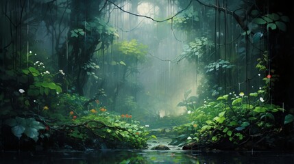 an image that captures the tranquility of a rain-soaked forest with vibrant green foliage and delicate raindrops glistening on leaves 