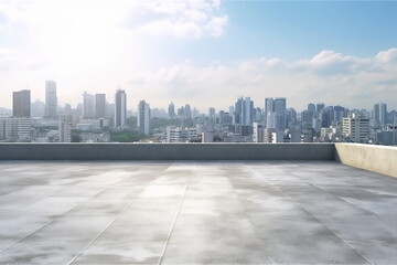Empty concrete rooftop on the background of a beautiful cityscape skyline at daytime, mockup