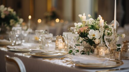 Closeup shot of an elegant wedding table setting in the hall 