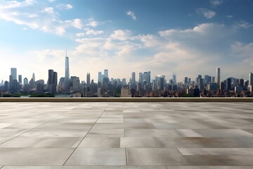 Empty concrete rooftop on the background of a beautiful cityscape skyline at daytime, mockup
