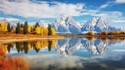  a breathtaking image of the Grand Tetons reflected in a glassy alpine lake surrounded by colorful fall foliage 