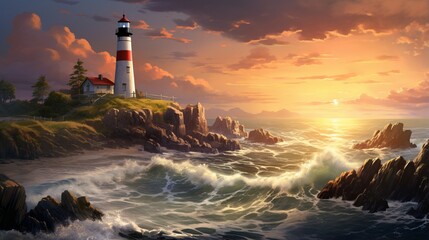  a picturesque view of a rustic lighthouse standing tall on a rocky coastline waves crashing around it 