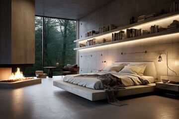 Modern room with soft lighting and concrete architecture. Generative AI
