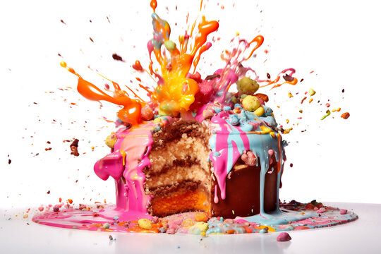 Multicolored cake explosion on light background