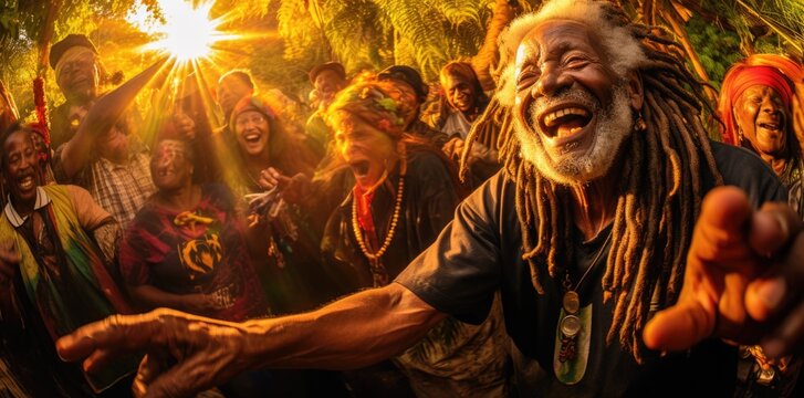 A man with dreadlocks dancing in front of a group of people, AI