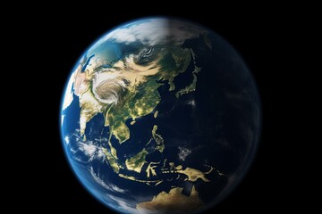Realistic 3D illustration of Earth as seen from a satellite, showing East Asia and the Pacific Ocean. Generative AI