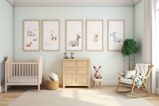 Three farmhouse-style frames in a 3D rendered kids' room. Generative AI