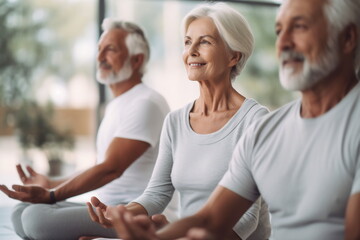 The senior people is doing fitness yoga training at home. Doing yoga together. Healthy active lifestyle on retirement and sport concept