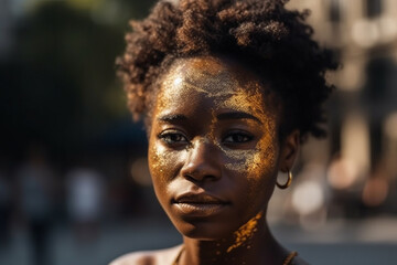 young adult woman, dark tanned skin color or black people, african american or african or south american, gold make-up, golden glittering make-up 