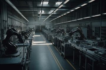 industrial robot, robotic arms as automation as production and manufacturing in a production line, in manufacturing hall, robotic