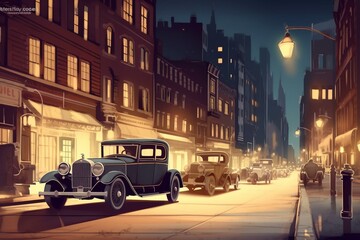 Vintage digital illustration of New York City streets at night with classic cars from the 1920s. Old-school NYC concept art wallpaper. Generative AI