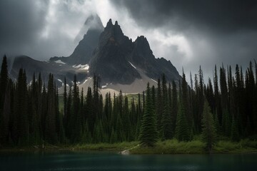 Towering peaks tower near the lake, while an approaching storm threatens. Generative AI