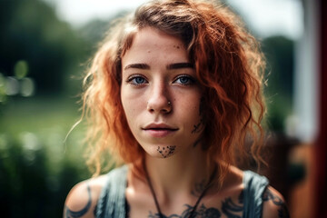 young adult woman or teenage girl, auburn dyed hair color hair, tattoos,odd warm temperatures, thoughtful or content relaxed, everyday life, contentment and worries and everyday problems