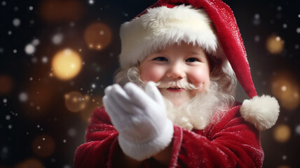 a small child, toddler, boy, dressed up as santa claus, with a beard and bobble hat, gloves and red jacket, abstract bokeh snowflakes, smiling happily, funny and fun, christmas eve and christmas