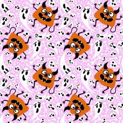 Halloween monsters seamless pumpkins and ghost and bones pattern for wrapping paper and fabrics and linens