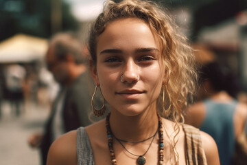 woman wearing headband, caucasian, preteen teenager, girl, or young adult woman, blond hair, blonde, nose piercing, necklace, hippie style or alternative or vintage, outdoors