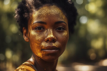 young adult woman, dark tanned skin color or black people, african american or african or south american, gold make-up, fictitious location , out and about in the sunshine