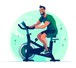 Sporty man on exercise bike. Sports, Workout at home or in gym. Riding indoors sport exercise bicycle. Cardio fitness training equipment. Side view, vector illustration