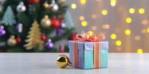 Festive decorated Christmas tree with gifts box. Merry Christmas and Happy new year. Holiday background with gift surprise under the xmas tree