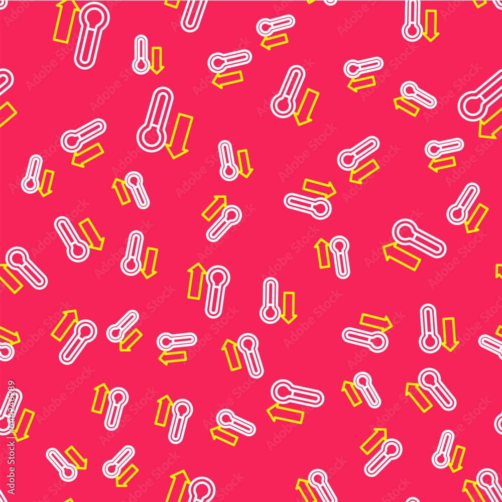 Poster line meteorology thermometer measuring icon isolated seamless pattern on red background. thermometer