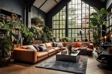 Beautiful indoor space with spacious window, lush plants, leather couch, loft and wooden floors. Generative AI