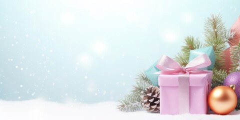 Festive decorated Christmas tree with gifts box. Merry Christmas and Happy new year. Holiday background soft pastel colors with gift surprise under the xmas tree