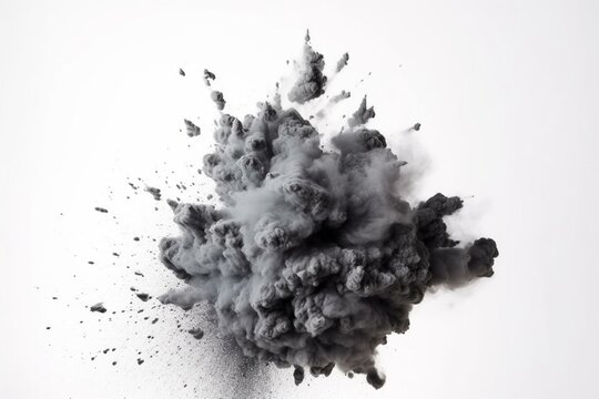 Explosion of dark powder on white background with charcoal-like particles. Generative AI