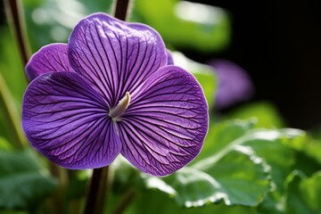 Macro shot of a violet flower, with green stem, brown center, and leaves. Generative AI