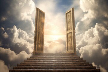 Ascending staircase vanishes into celestial doorway amidst heavenly skies and clouds. Prayerful journey. Generative AI