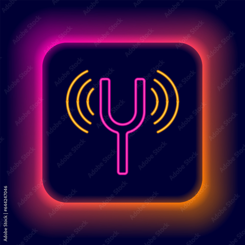 Poster glowing neon line musical tuning fork for tuning musical instruments icon isolated on black backgrou