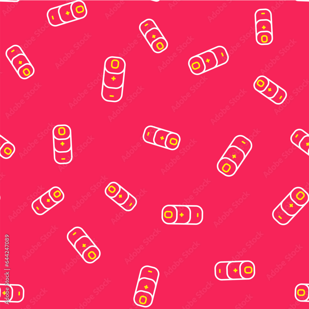 Poster line battery charge level indicator icon isolated seamless pattern on red background. vector