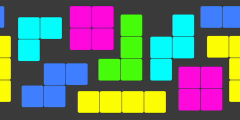 Puzzle video game with colorful falling blocks on a dark gray background. Seamless border. Vector illustration back to the 90s.