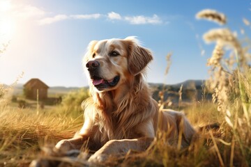 Cute adorable Golden Retriever rural dog posing among wheat field