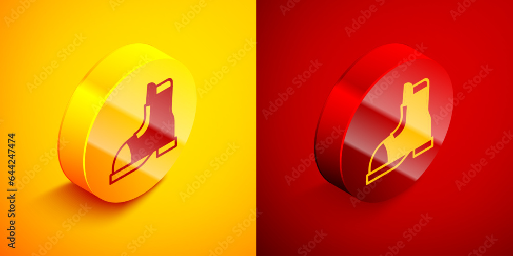 Poster isometric hunter boots icon isolated on orange and red background. circle button. vector