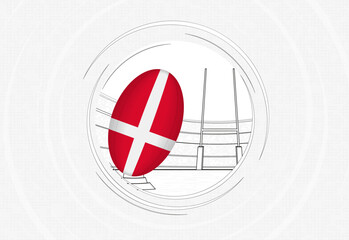 Denmark flag on rugby ball, lined circle rugby icon with ball in a crowded stadium.