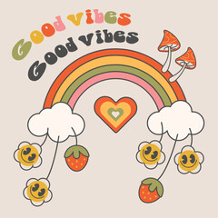Good vibes retro,vintage sticker.bright groovy print 70s.Card 2000.Y2k.Vector flat illustration.