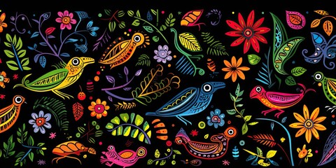 seamless pattern with colorful leaves, birds and other flowers Generative Ai