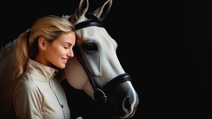 Fototapeta na wymiar Female equestrian rider with her lovely white horse over dark background with copy space