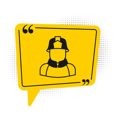 Black Firefighter icon isolated on white background. Yellow speech bubble symbol. Vector