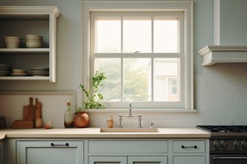 Naklejka na ściany i meble Well-lit kitchen with counter, stove, window & empty wall. Generative AI
