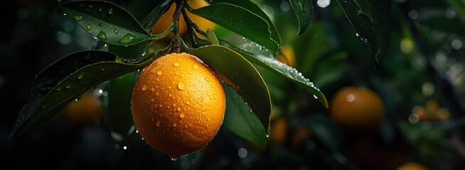 micro shot close up of a fresh orange fruit hanged on tree with water drops dew as wide banner with copy space area © sizsus