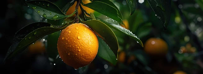 Rolgordijnen micro shot close up of a fresh orange fruit hanged on tree with water drops dew as wide banner with copy space area © sizsus