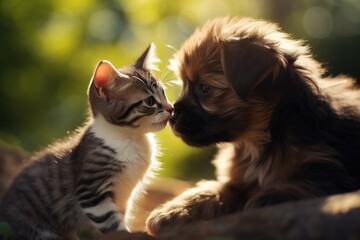 Cute kitten kissing puppy dog over green outdoors background. Pet care and pet adoption